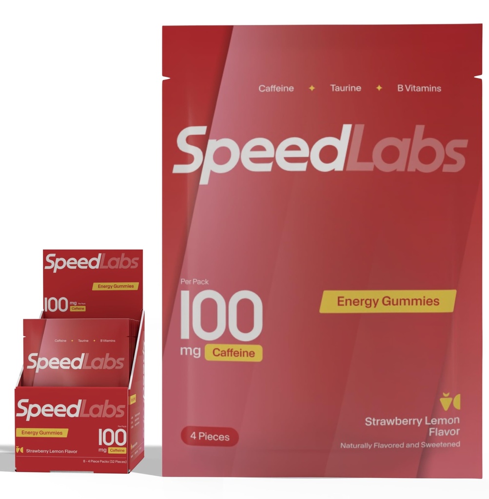 Laboratorios de velocidad Caffeine Energy Gummies Strawberry Lemon Natural, 25 mg de cafeína, Taurine, B-Vitamins por pieza, 32 piezas (8 paquetes) Vegan, Gluten Gratis, 1g Añadido Sugar