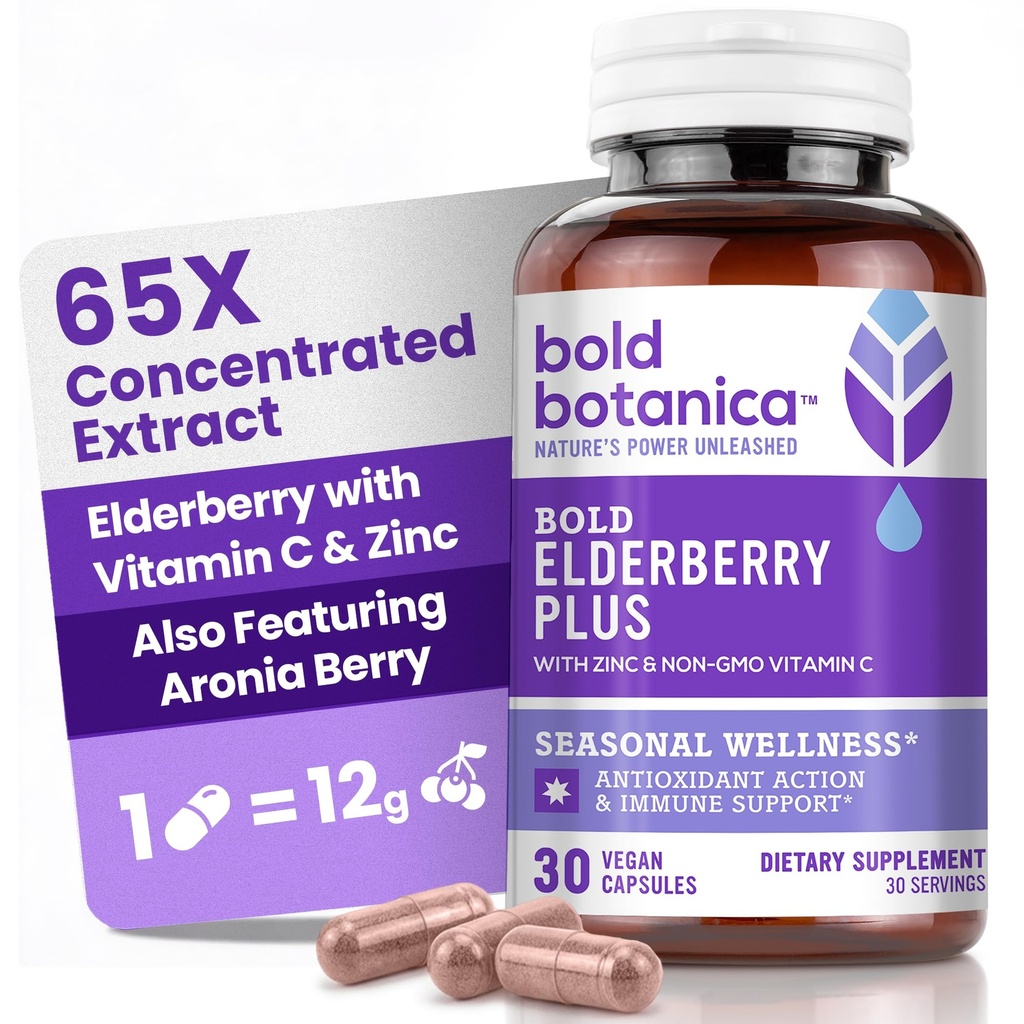 Bold Botanica Elderberry Plus - 65x Concentrated Black Elderberry Extract with Zinc &amp; Vitamin C for Daily Immune Support &amp; Seasonal Wellness - Non-GMO, 30 Vegan Capsules