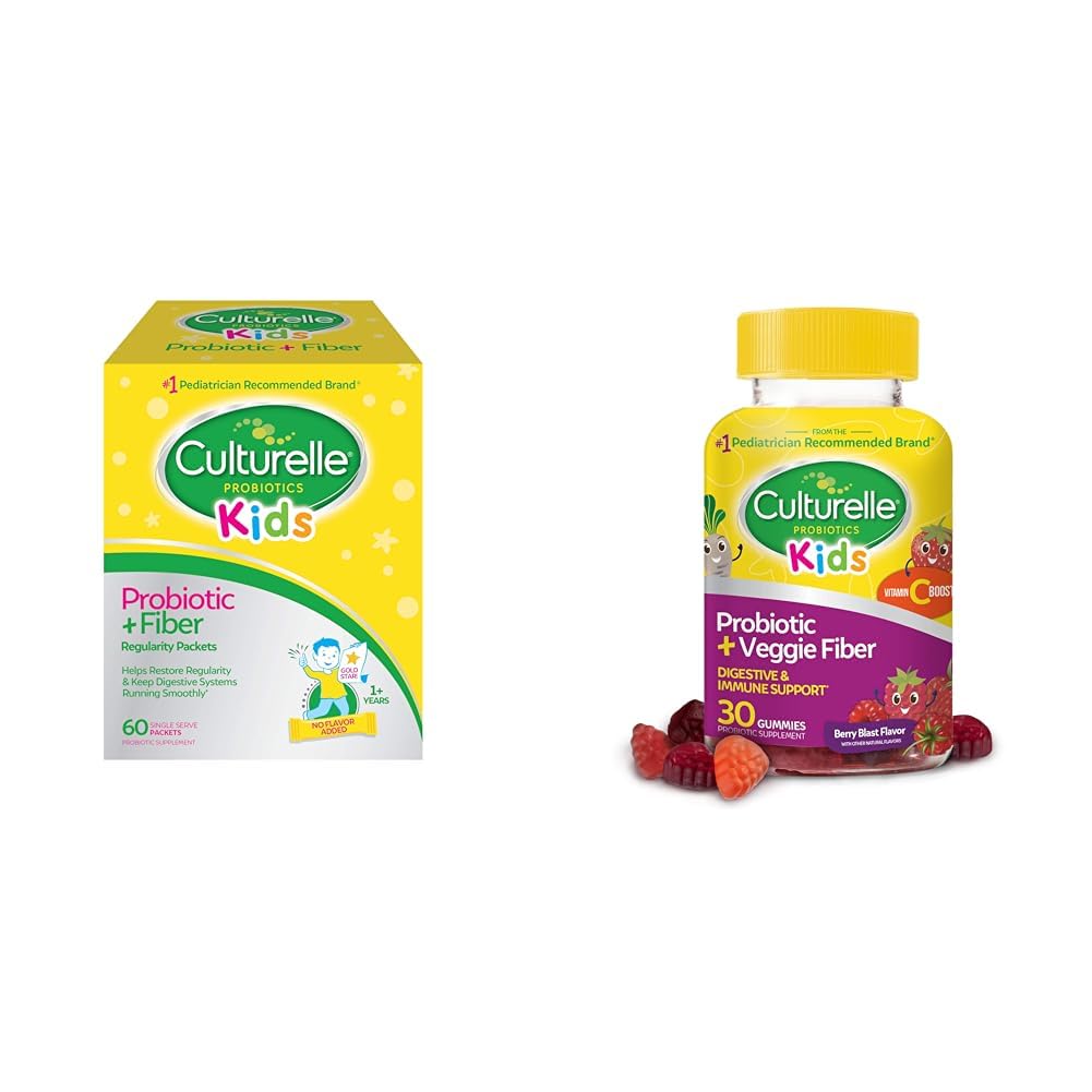 Culturelle Kids Probiotic + Fiber Packets (Ages 3+) - 60 Cuenta " Daily Probiotic for Kids + Veggie Fiber Gummies (Ages 3+) - 30 Cuenta - Digestive Health &amp; Immune Support Berry Flavor with a Vitamin C