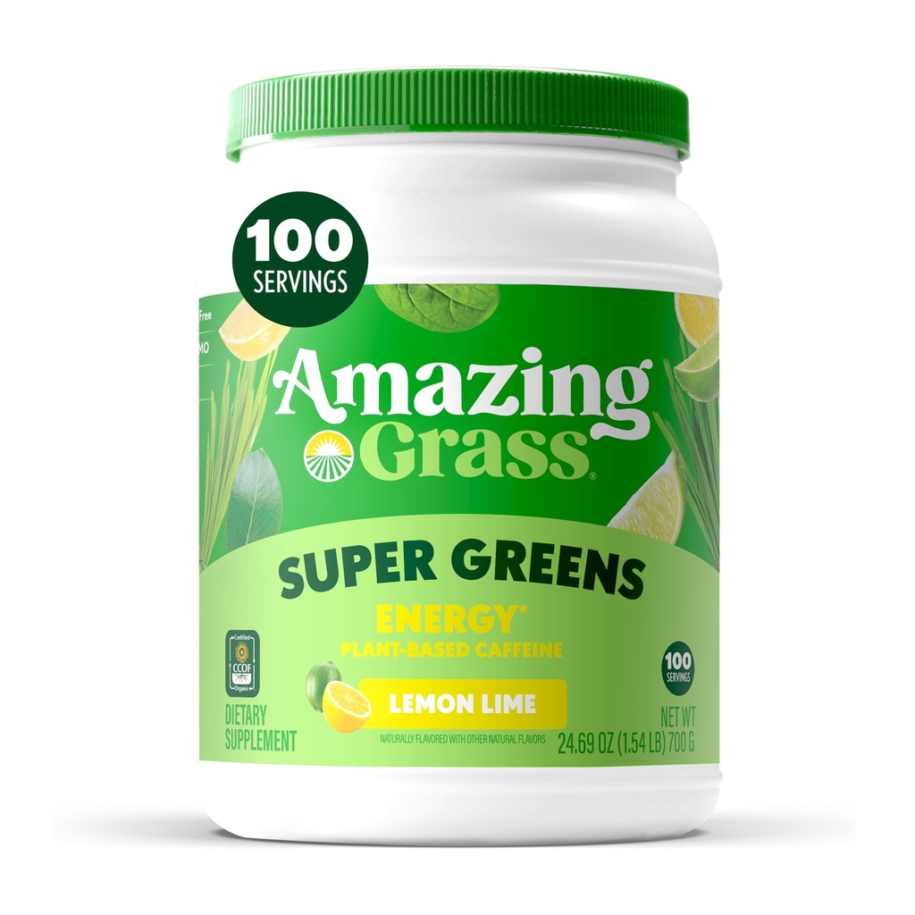 Amazing Grass Green Superfood Energy: Super Greens Powder " Plant Based Caffeine with Green Tea, Beet Root Powder " Flax Seed, Lemon Lime, 100 Servings (Packaging May Vary)