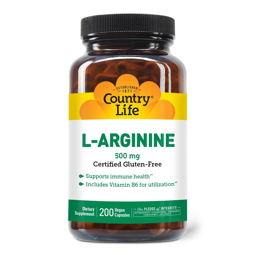 Country Life L-Arginine Caps with Vitamin B-6, 500mg, 200 cápsulas Vegan, Certified Gluten Free, Certified Vegan