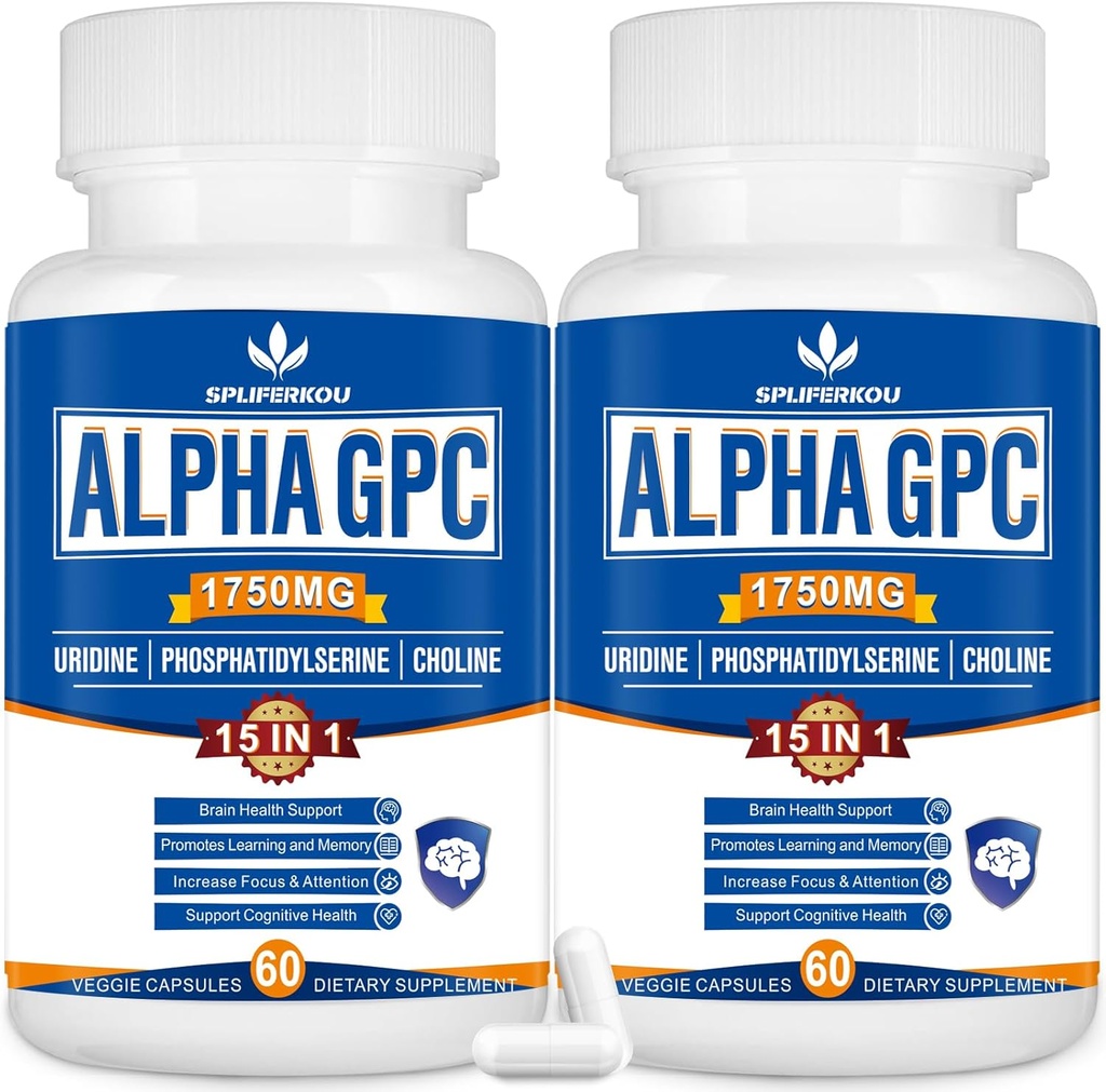 15-in-1 Suplemento GPC alfa con fosfatidilserina, Uridine, L-Theanine, Salón Mane de León, 120 cápsulas