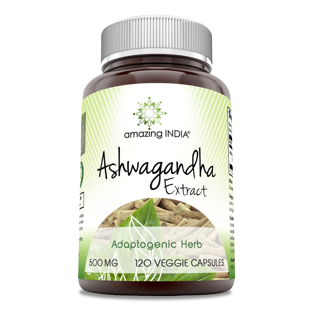 Increíble India Ashwagandha 500 mg Veggie Capsules Suplemento Silencio Hecho con natural Ashwagandha Silencio No-GMO Silencio Gluten Gratis (120 Conde)