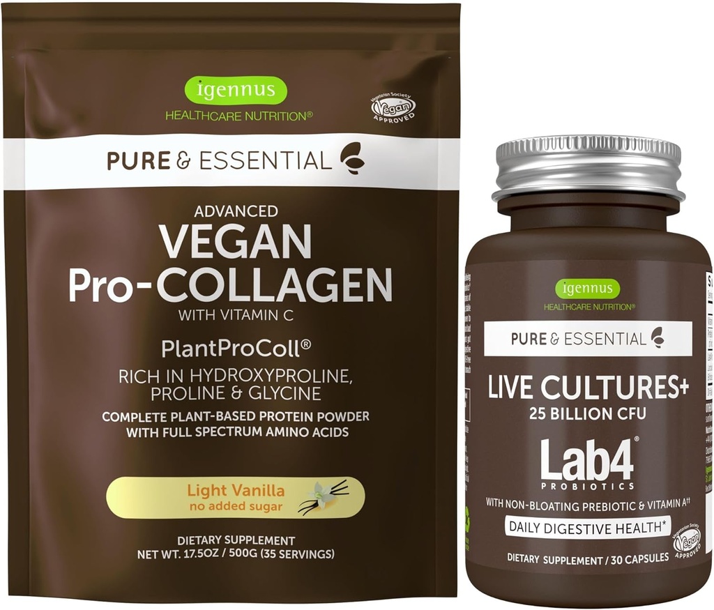 Culturas en vivo+ Probióticos de lab4 + Vanilla Vegan Collagen Protein Powder Vegan Bundle, Full Collagen Boosting Fórmula + 25 Billones CFU Probiótico con Prebiótico no hinchable, por Igennus