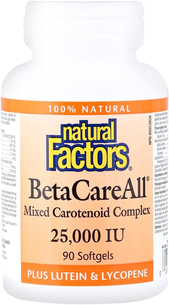 Factores naturales, BetaCareTodos 25.000 UI, Vitamina A para la piel sana, visión y función inmunitaria, 90 Softgels