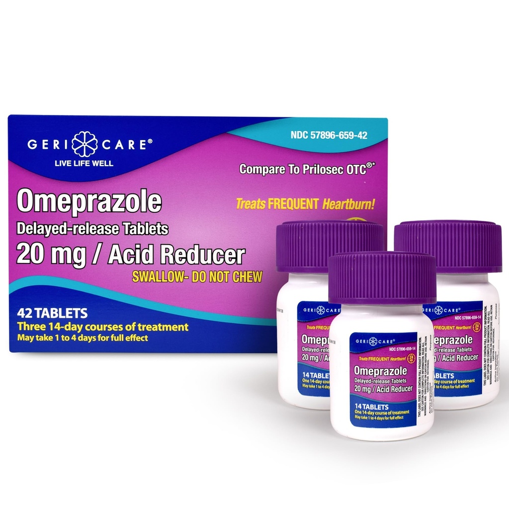 GeriCare Omeprazole Delayed Release Tablets 20mg Stomach Acid reducer Pills for 24 hours Heartburn Relief- Acid Reflux Medicine to Treat Frequent Heartburn- Anti-Acid Relief Tablets (42 Count)
