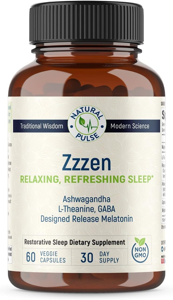 Zzzen, Relajando el sueño, Alivia el estrés y mejora el mood, L-Theanine, Ashwagandha, GABA, Melatonina con Blend Botánico, NonGMO, Sleep Aid & Suplemento para adultos, 60 caps