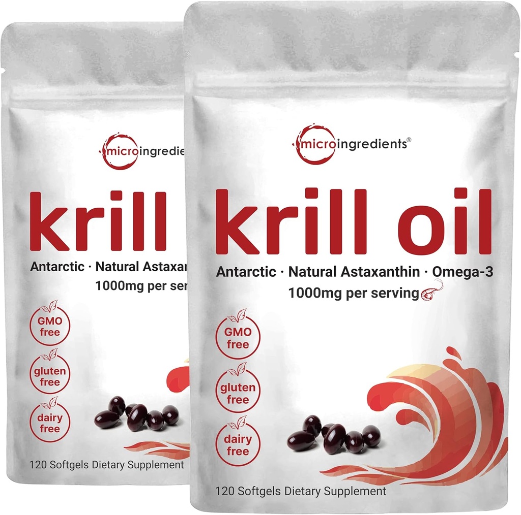 2 Pack Antártico Krill Oil Suplemento, 1000mg Por Serving, 120 Soft-Gels Cada, Rico en Omega-3s, EPA, DHA &amp; Astaxanthin, soporta la salud cerebral, Premium Krill Oil Capsules Liquid Softgels