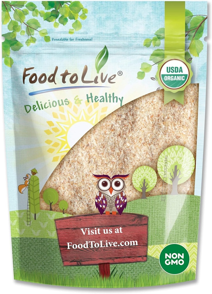 Comida para vivir - Orgánica de cáscaras enteras de Psilio, 4 onzas - Flandes no GMO, Vegan, Rico en fibra dietética, Alimentario natural, Grande para hornear