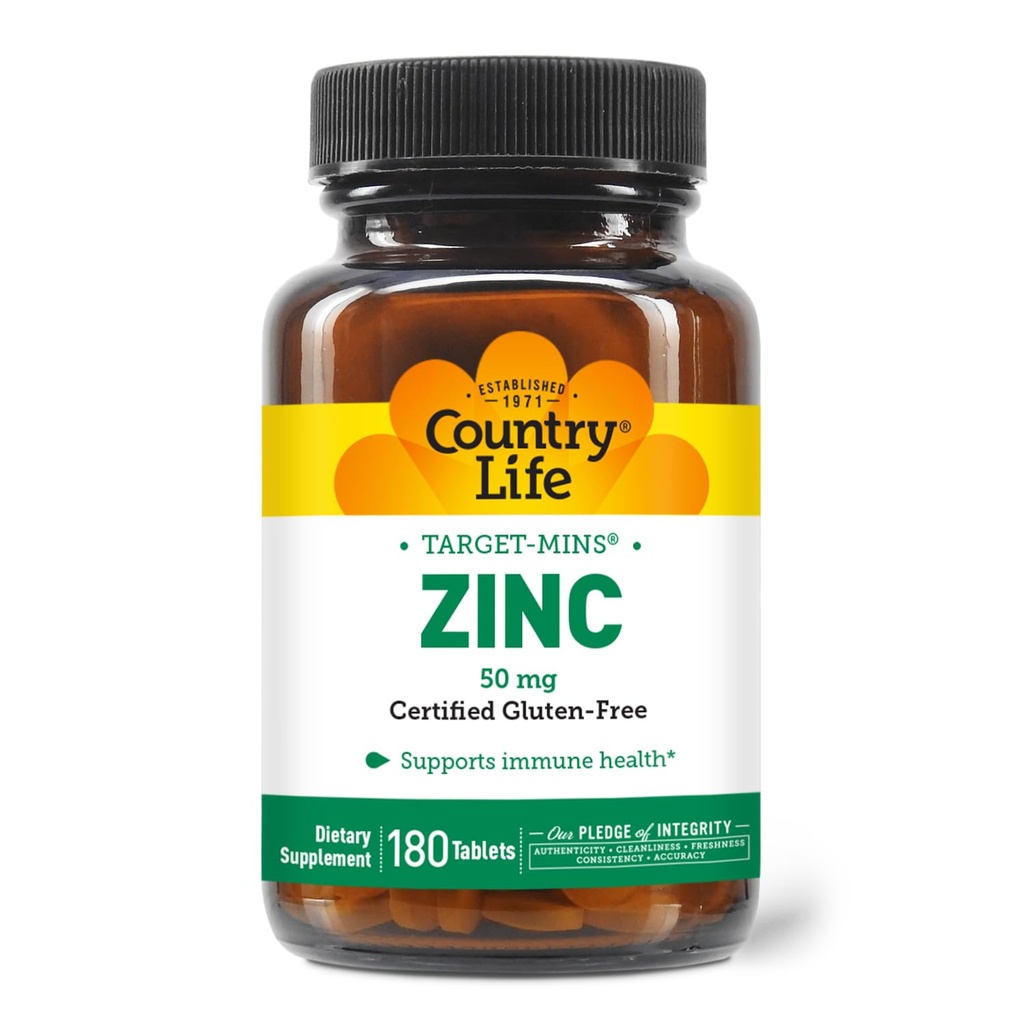 Country Life Target-Mins Zinc 50 mg 180 Tablets - Suplementos de zinc para la salud inmunitaria - Zinc 50mg - Zinc Support
