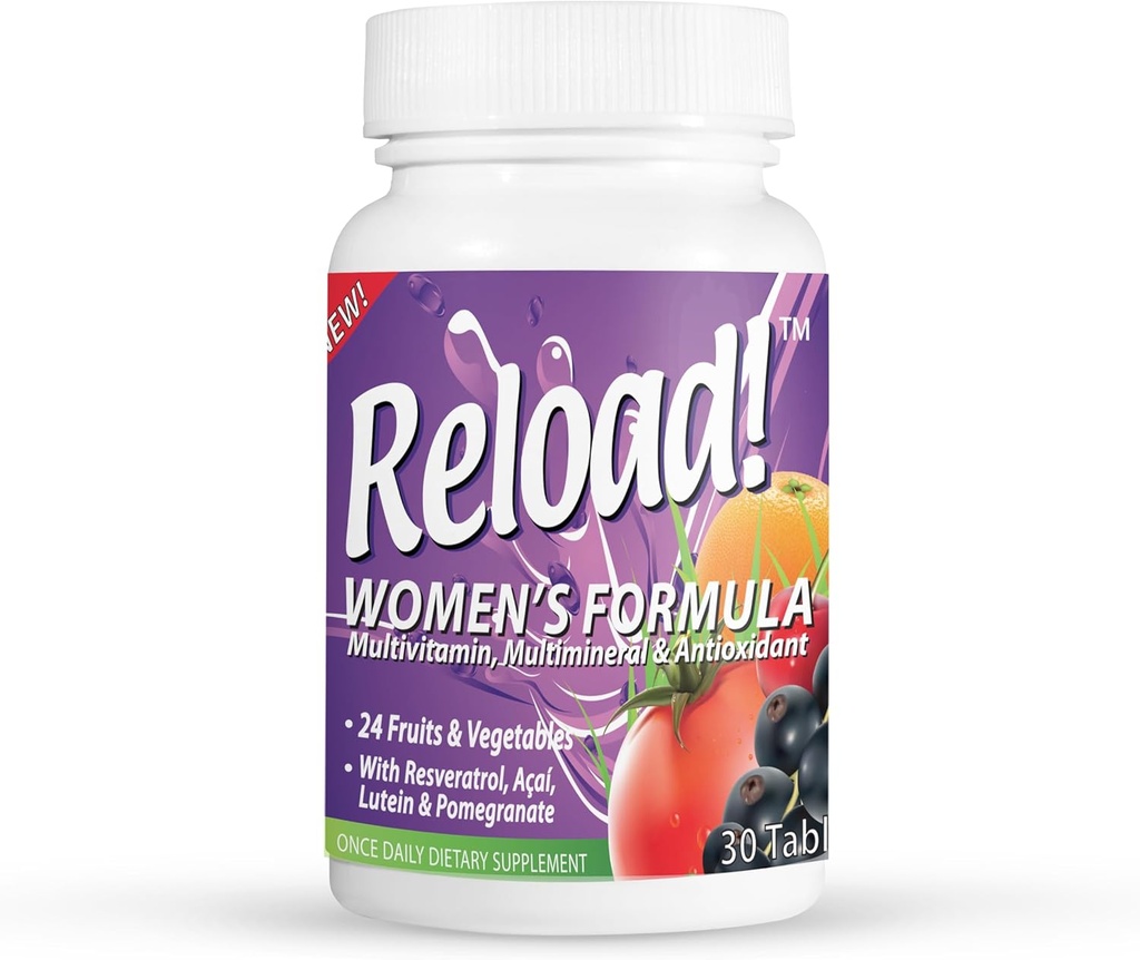 Recarga! para Mujeres, Todo Natural, Multivitamínico, Multimineral y Antioxidante con 24 Frutas y Verduras, así como Biotina para el cabello, la piel y las uñas. 1 mes de suministro.