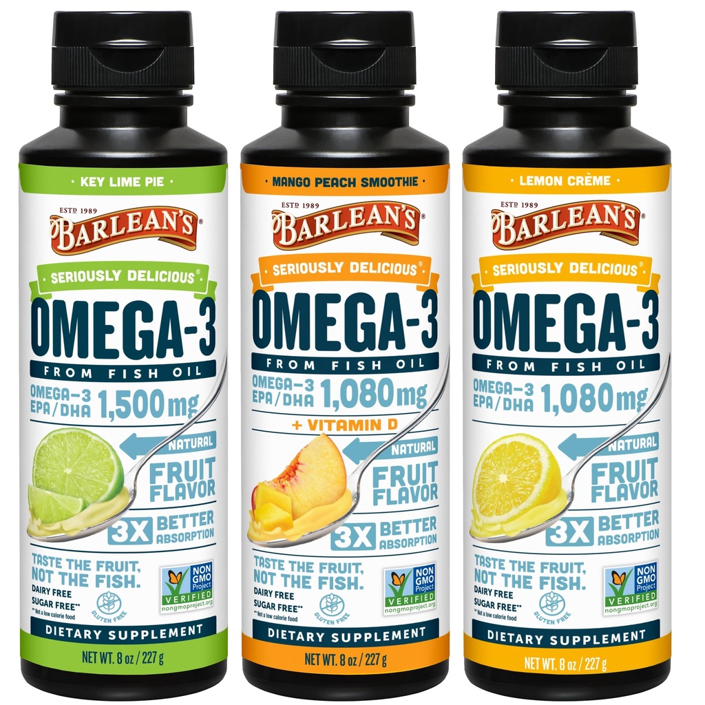 Barlean Omega 3 Fish Oil Liquid Supplement 3-Flavor Variety Pack para Hombres y Mujeres, EPA y DHA Fatty Acid, Incluye Key Lime Pie, Lemon Crème y Mango Peach Flavors, 8 oz