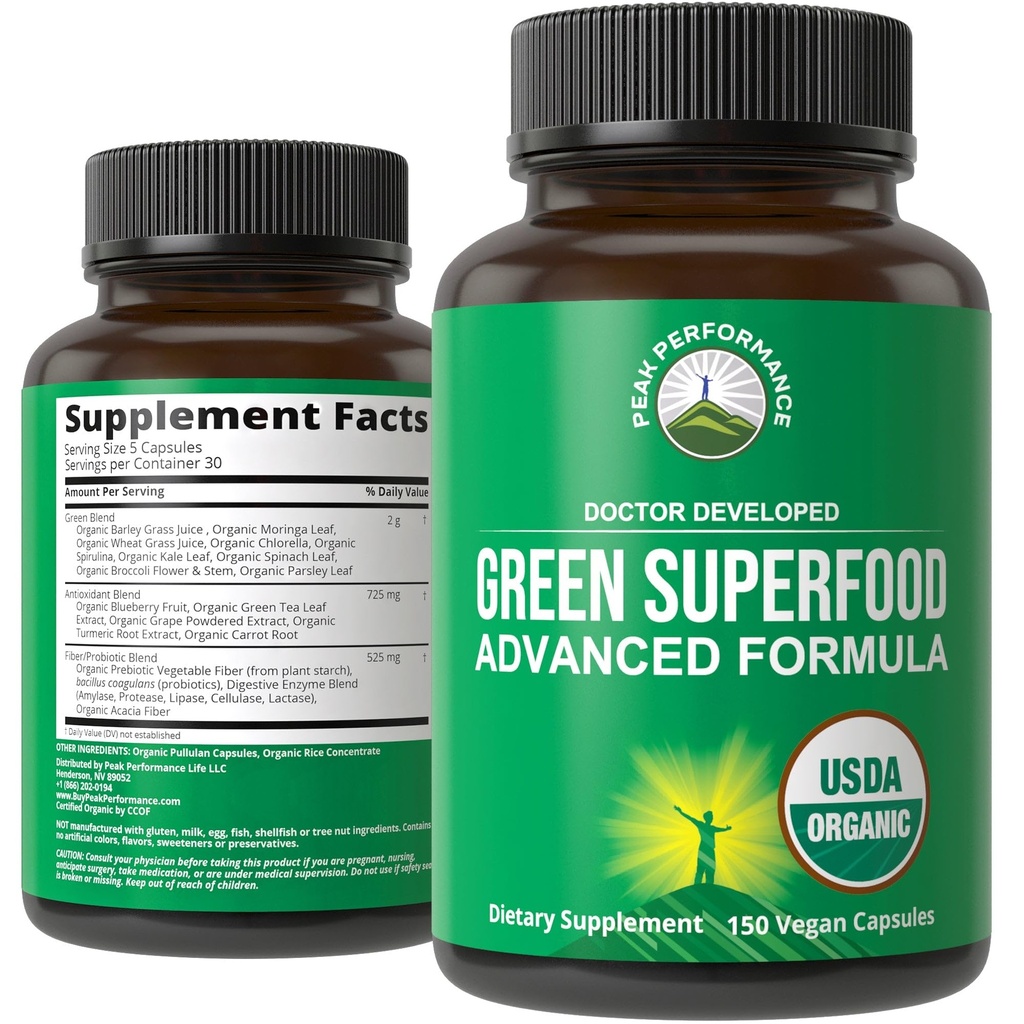 Ecológico Super Verdes 150 cápsulas - Green Juice Superfood Suplemento con 25 Todos los ingredientes orgánicos naturales. Max Energy and Detox Super Food Pills with Spirulina, Spinach, Kale, Turmeric, Probiotics