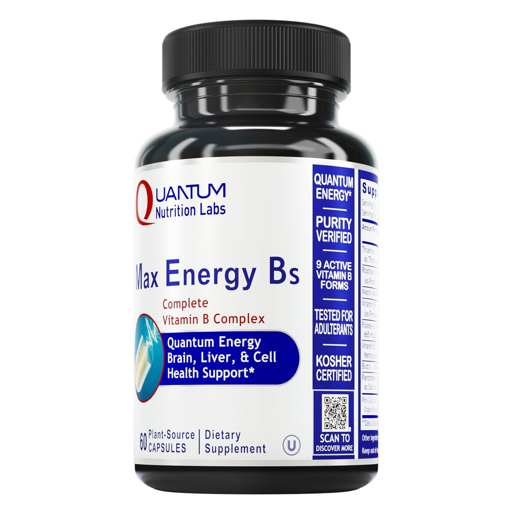 Laboratorios de nutrición cuántica Max Energy Bs - Complejo de vitamina B, Complejo de vitamina B con vitamina B1, B6, B12, Thiamin, Folate y Biotina - 60 cápsulas vegetarianas