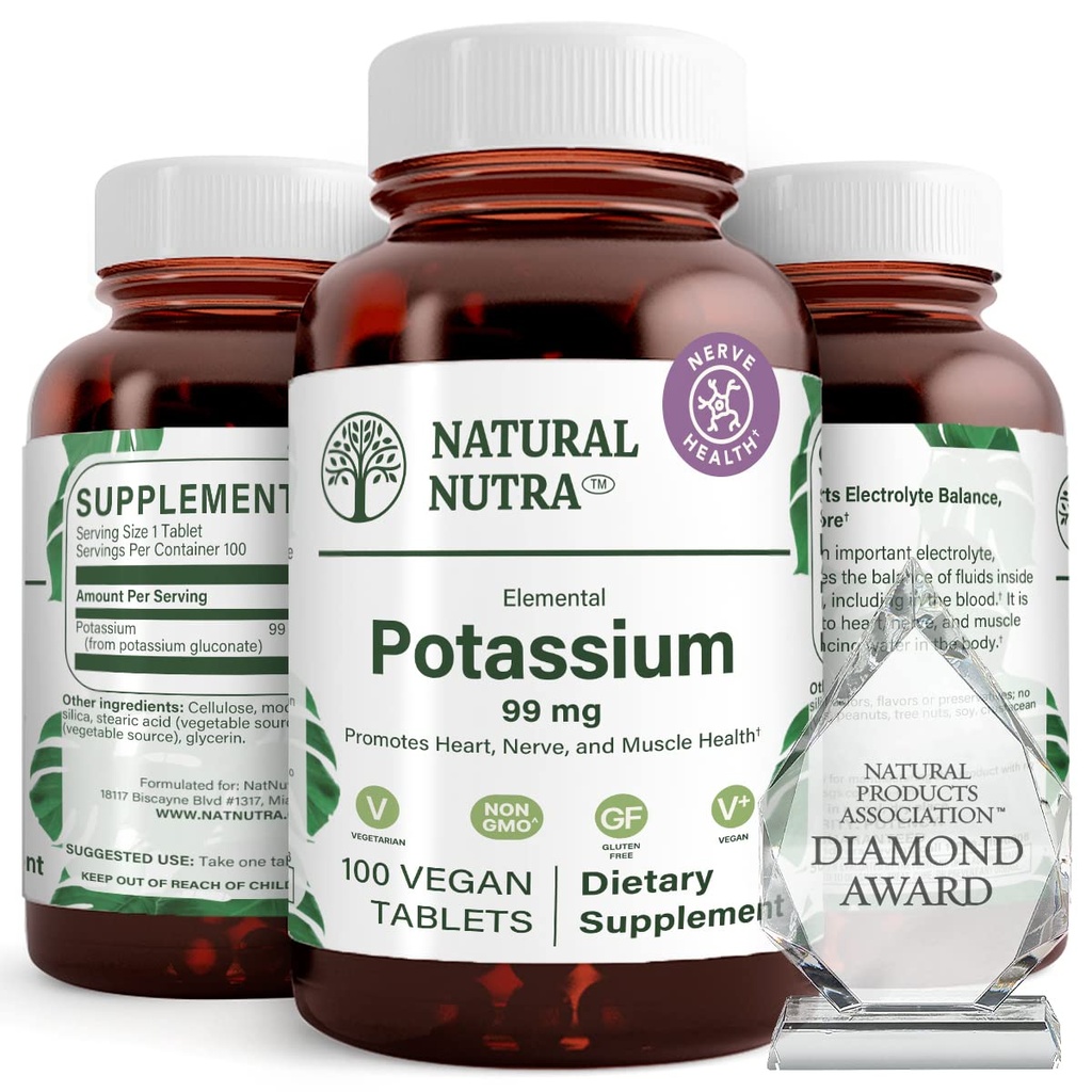 Natural Nutra Elemental Potasio Gluconato 99 mg Suplemento dietético – promueve la energía, ayuda al sistema nervioso superior, promueve la salud cardíaca, regulación mineral, función muscular - 100 tabletas vegas