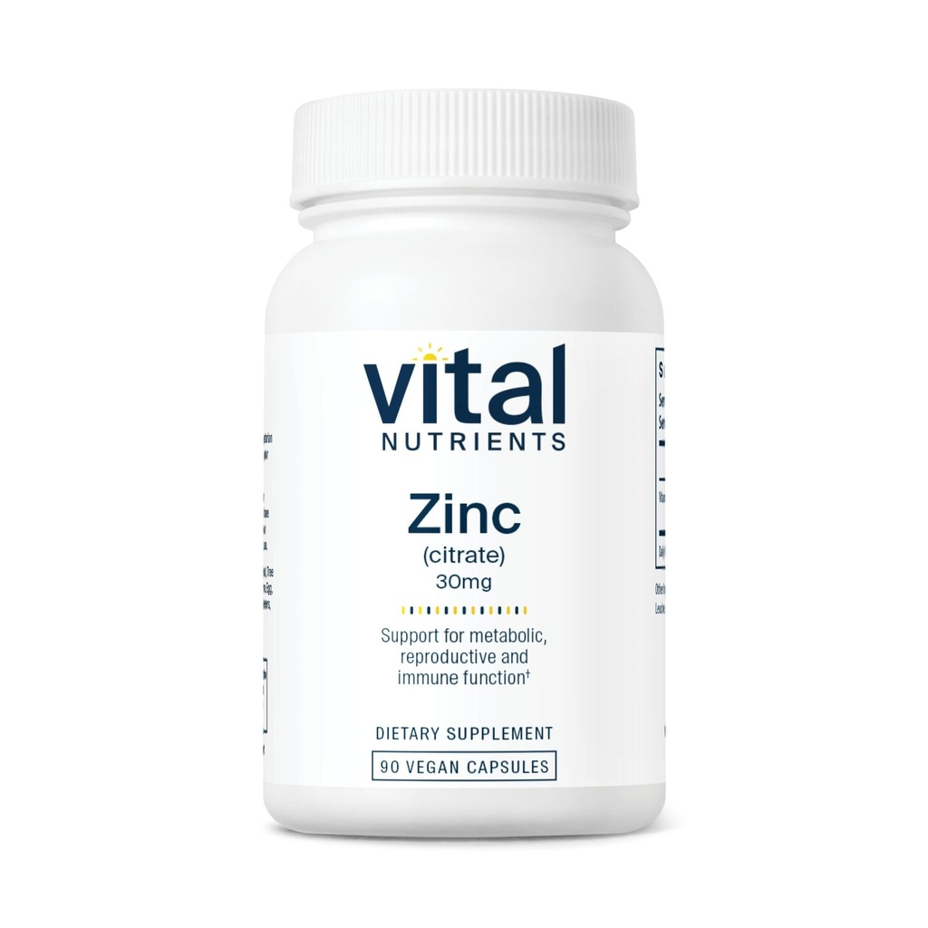 Vital Nutrients Zinc Citrate 30mg ← Fácilmente Absorbed Immune Support Suplemento* Silencio Vegan Zinc Suplemento Silencio Gluten, Dairy, Soy Free ← Non-GMO  30mg  durable 90 Capsules