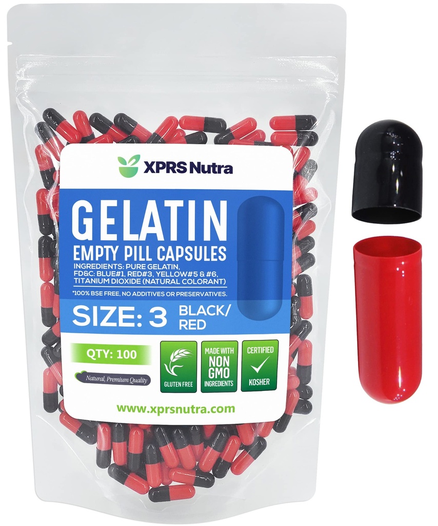 XPRS Nutra Size 3 Empty Capsules - 100 Conde Empty Gelatin Capsules - Pills DIY Capsule Filling - Pure Bovine Pill Gel Caps Fillable for Do-It-Yourself Vitamins and Supplements (Black/Red)