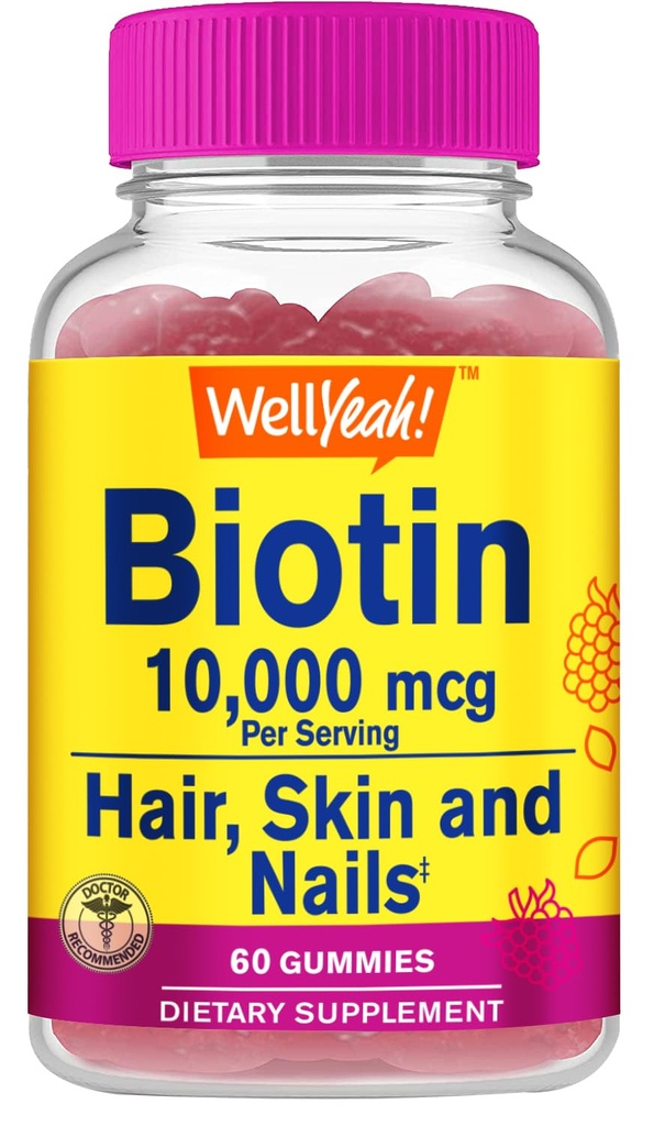 WellSi High Potency Biotin 10,000 mcg Gummies - for Stronger Hair, Skin & Nails - Vegan-Friendly, Gluten-Free, Non-GMO, and Delicious Berry Flavor - 60 Gummies