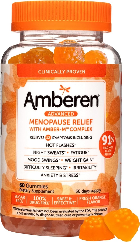 Suplementos de la menopausia ámbar para las mujeres, Alivio Multi-Síntoma, Vitamina E & Unique Amberen Compuesto, Ayuda a soportar el equilibrio hormonal, Flashes calientes &amp; Noches, Sugar Gratis, Sabor de naranja, 60 Gummies