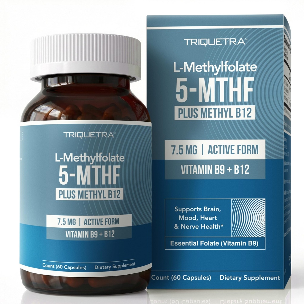 L Methylfolate 7.5mg plus Methyl B12 - Active 5-MTHF Form, MTHFR Supplement - Bloodstream Ready Methylated Folate + B12 Cofactor - Supports Mood, Homocysteine Methylation, Cognition (60 cápsulas)