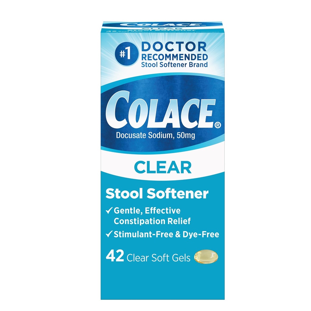 Colace Softener de taburete transparente para el alivio eficaz del estreñimiento suave, #1 Doctor Recomendado de alcohol de la marca de suavizador, Dye Gratis, 50 mg Docusate Capsules, 42 Conde