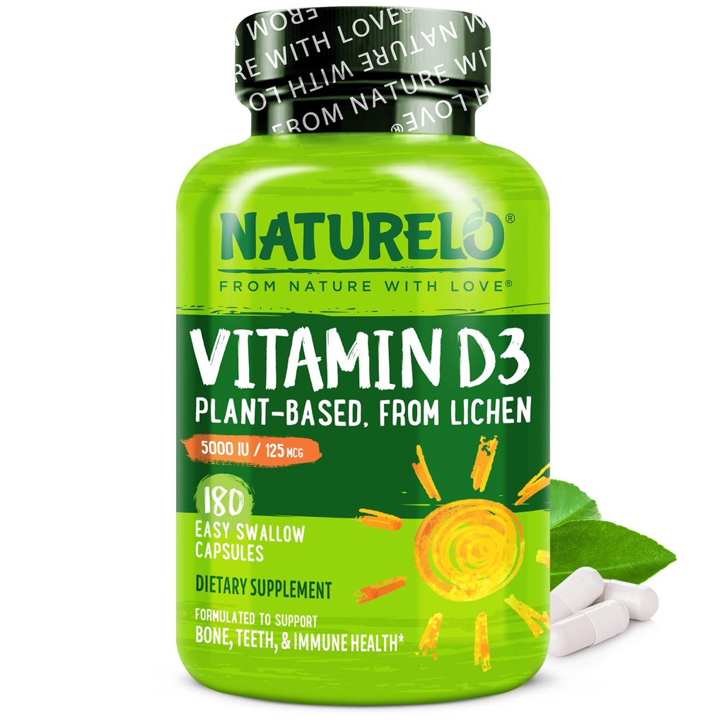 NATURELO Vitamina D - 5000 UI - Planta Basada en Lichen - Natural D3 Suplemento para Sistema Inmunitario, Soporte de Hueso, Salud Conjunta - Alta Potencia - Vegan - No GMO - Gluten Gratis - 180 cápsulas