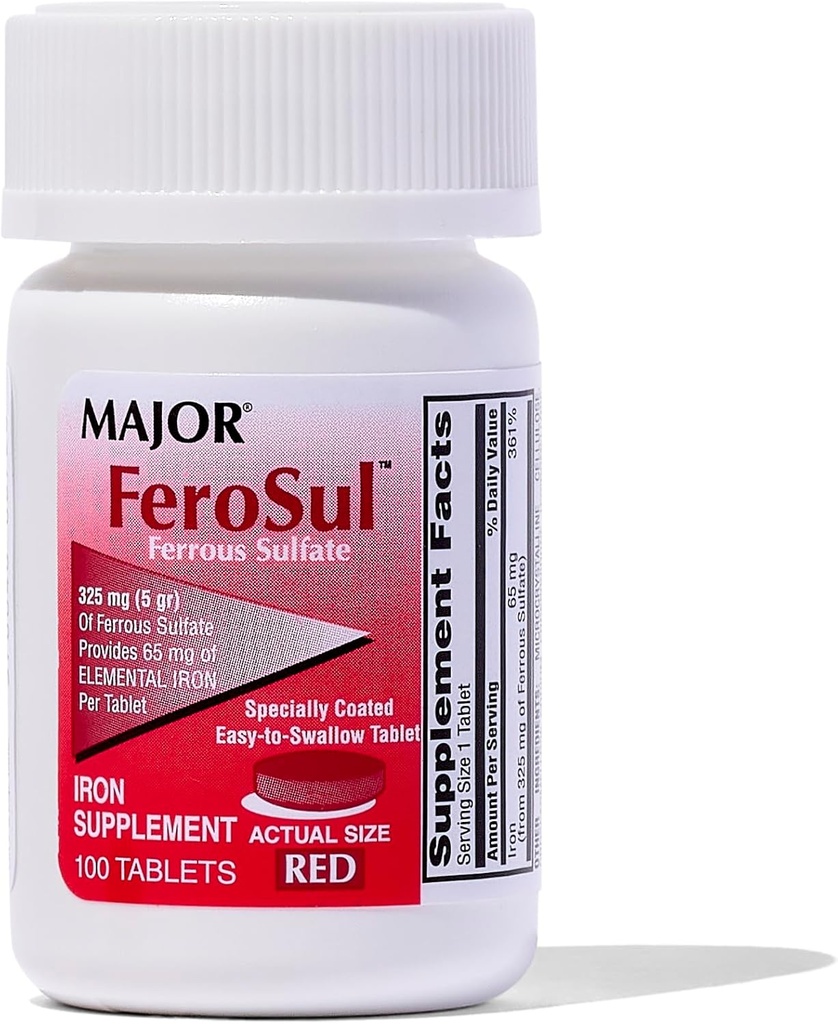 Mayor Ferosul - Sulfato Ferroso 325mg Tablas con 65 mg de Hierro Elemental - Suplemento de Hierro para Mujeres, Hombres - Rojo - 100 Cuenta