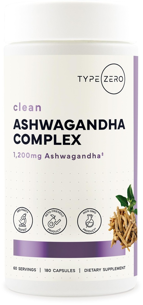 Tipo Zero KSM-66 Ashwagandha Root Extract 1,200mg, 60 Servings - High Potency 5% Withanolides - con Turmeric, Rhodiola Rosea y BioPerine Black Pepper Extract - 180 Veggie Caps
