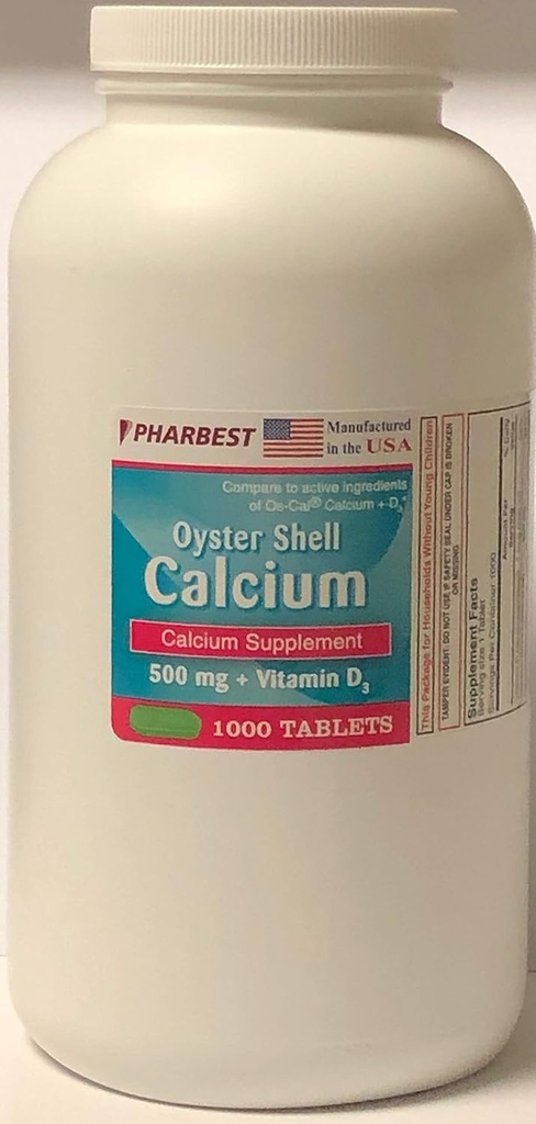 Oyster Shell Calcio 500 mg + Vitamina D Suplemento - 1,000 Cuadros