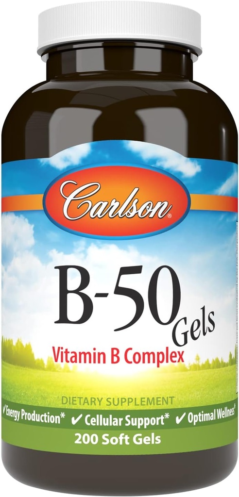Carlson - B-50 Gels, Complejo de vitamina B, Producción de energía, Soporte celular y bienestar óptimo, 200 Softgels