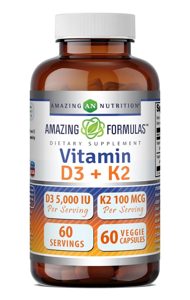 Fórmulas asombrosas Vitamina D3 5000 UI con Vitamina K2 100 mcg Silencio D3 + K2 Complejo Suplemento Silencio Veggie Capsules ← Non-GMO TEN Gluten Free ← Made in USA (60 Cuenta)
