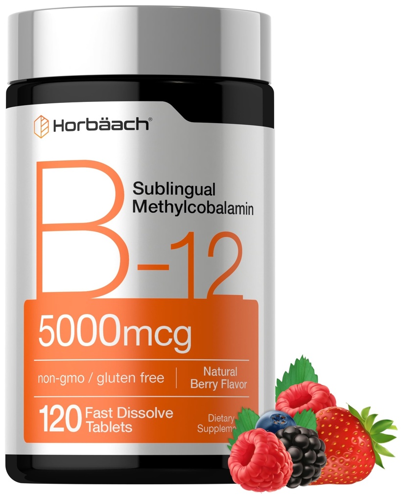 Horbäach B12 Vitamina 5000 mcg tención 120 Fast Dissolve Tablets  Metilcobalamin sublingual ANTE Vegetarian, Non-GMO &amp; Gluten Free Supplement