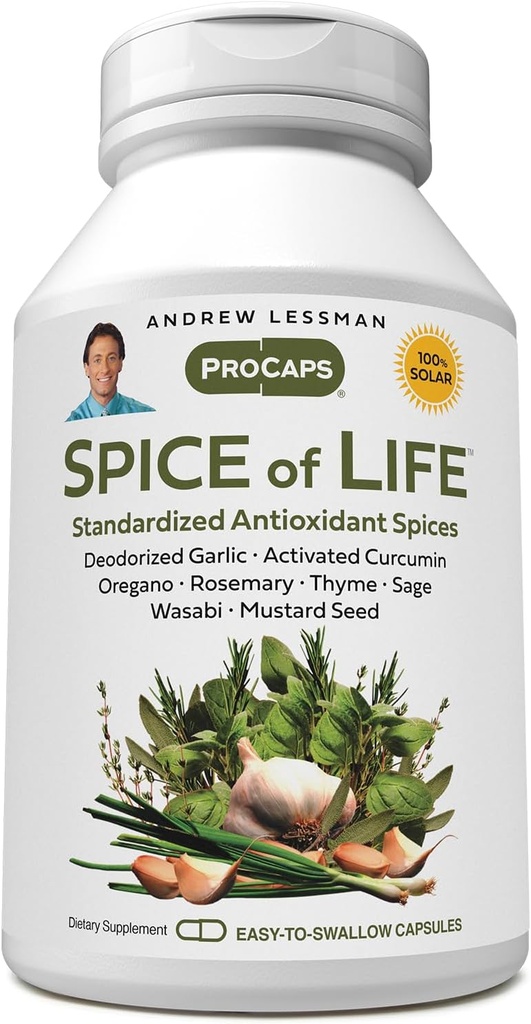 ANDREW LESSMAN Spice of Life 60 Capsules - Eight Scientifically Established Extracts, Concentrates. Especies de promoción de la salud. Ajo, Curcumina, Orégano, Rosemary, Sage, Thyme, Mustard Seed, Wasabi