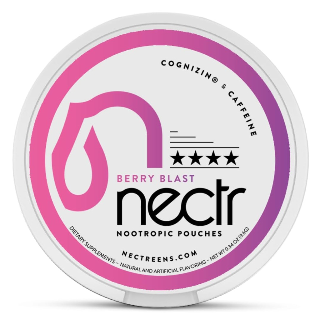 Nectr Energy Nootropic Pouches – Berry Blast Flavored, Caffeine Pouches with Cognizin® Citicoline. Treats cerebrales libres de azúcar. Smooth, Sustained Focus & Energy Supplement - 1 Puck of 16pcs