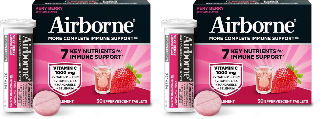 Airborne 1000mg Vitamina C con Vitamina D &amp; Zinc, Sugar Free Multivitamin Immune Support Suplemento, Antioxidantes Vitaminas A C & Vitamina E, 30 Tablas Effervescentes, Flavor Muy Berry (Pack of 2)