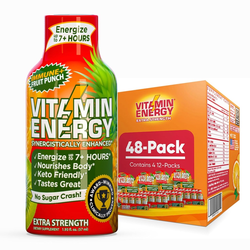 Vitamin Energy Immune+ Extra Strength Energy Shot Fruit Punch 48 Pack, 260mg Natural Caffeine, B-Vitamins, Citicoline, Green Tea, Immunity & Focus Support Zero Sugar, Gluten-Free 1.93 fl oz