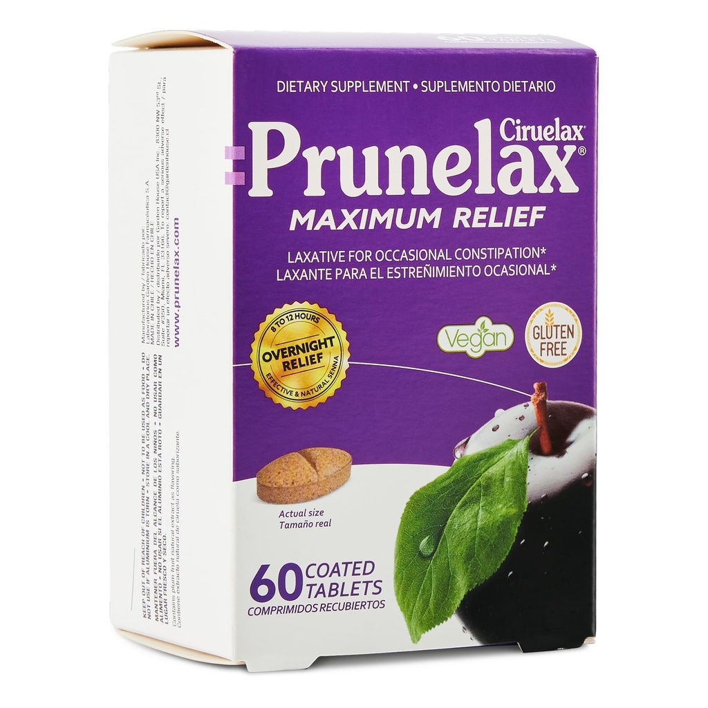 Prunelax Ciruelax Maximum Relief Laxative Tablets with Natural Senna for Occasional Constipation, Senna Extract, Vegan &amp; Gluten-Free, Gentle Overnight Relief - 60ct