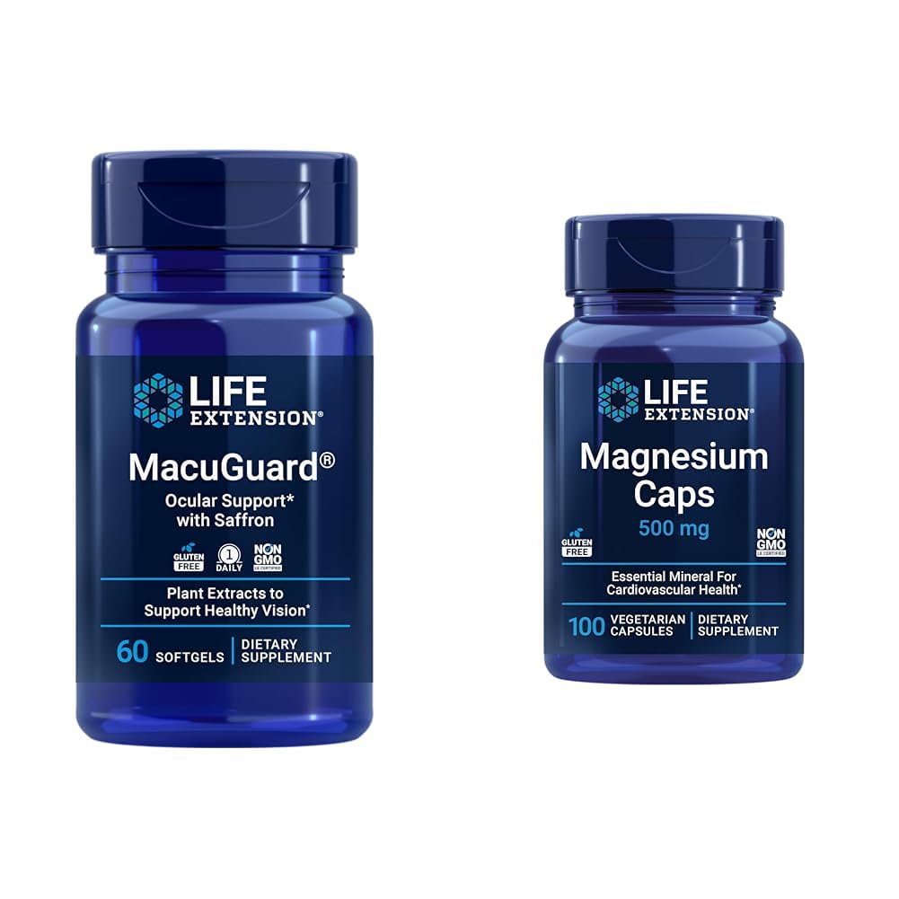 Extensión de la vida MacuGuard Eye Health Supplement with Magnesium Capsules 500mg - Lutein, Zeaxanthin, Meso-zeaxanthin y Saffron for Healthy Vision - 60 Softgels y 100 cápsulas vegetarianas