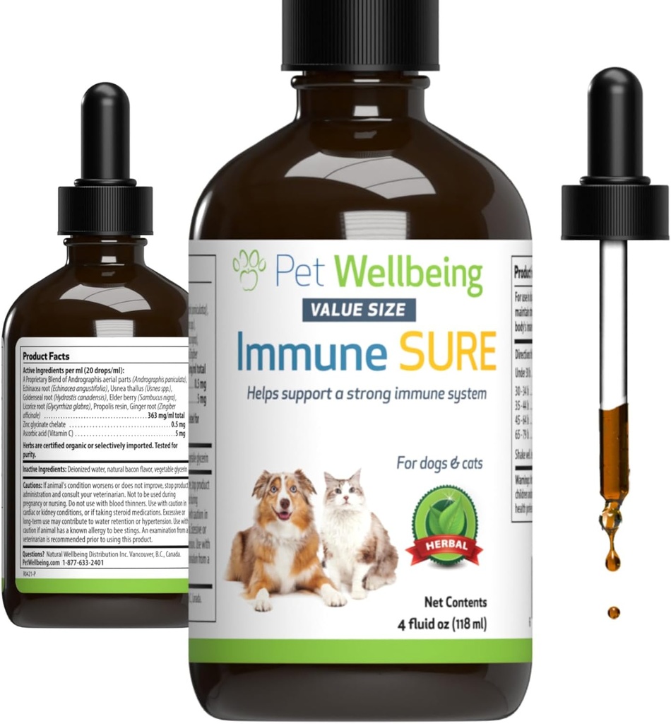 Mascotas Immune Seguro para Perros - Soportes Defensas normales Immune, Gut Flora Balance, Andrographis, Echinacea, Vitamina C, Zinc - Suplemento Herbal Formulado Veterinario 4 oz (118 ml)