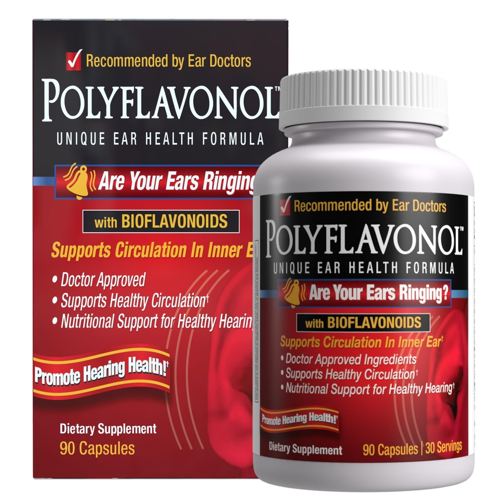 Polyflavonol con Bioflavonoids, Tinnitus Relief, Unique Ear Health Formula, Ringing Ears Support, Supports Circulation in Inner Ear, Promotes Hearing Health, 90 Capsule, 30 Servings