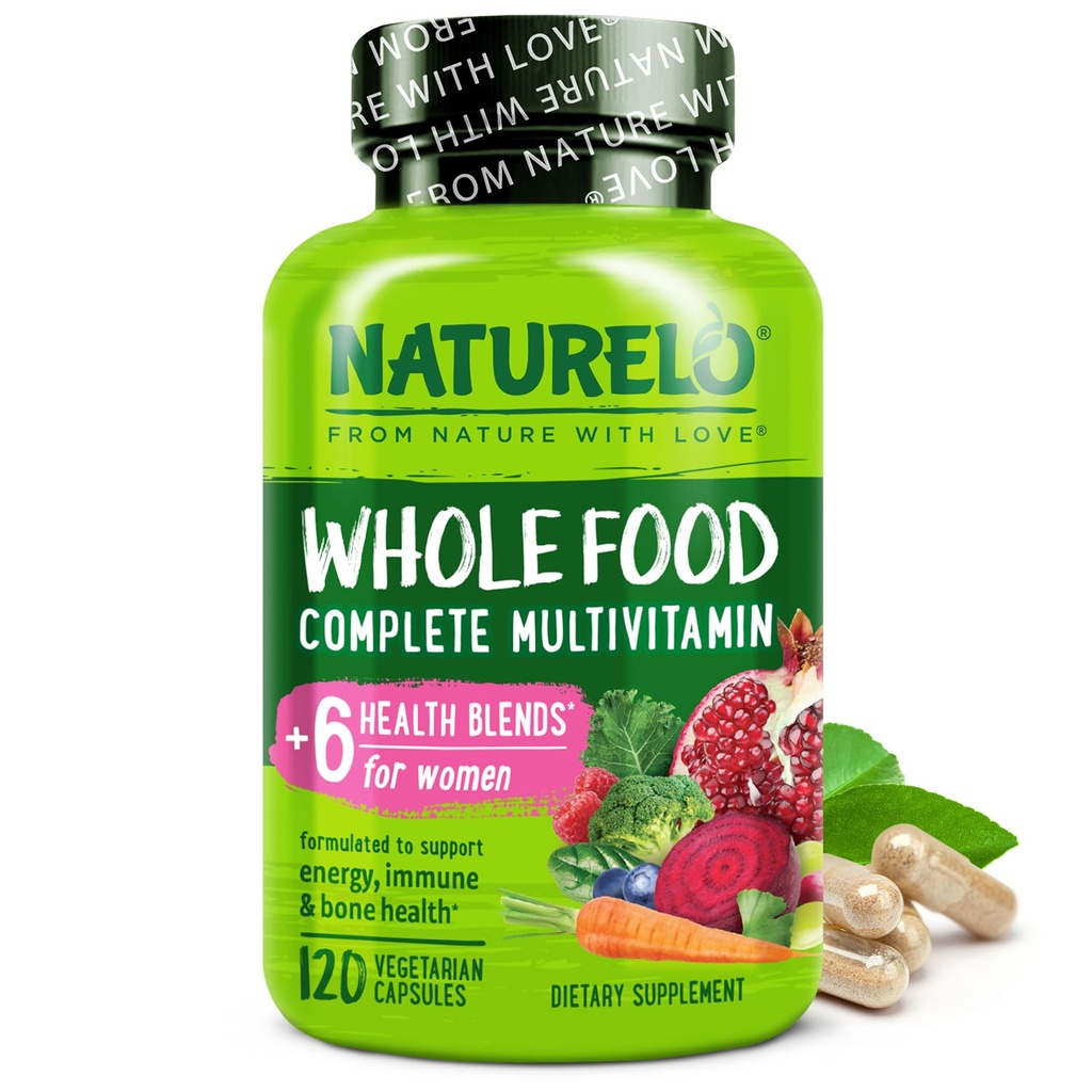 NATURELO Multivitamina Alimentaria Integral para Mujeres - con Vitaminas, Minerales, " Extractos Orgánicos - Suplemento para la Energía y la Salud del Corazón - No GMO - 120 cápsulas Veganas