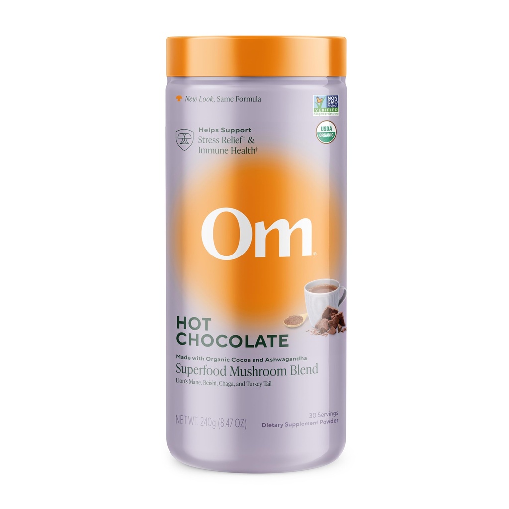 OM MUSHROOM SUPERFOOD Hot Chocolate Blend – Dutch Cocoa with Lion’s Mane, Reishi, Chaga & Turquía Tail – Apoya Focus, Calm &amp; Stress Relief – 2g Azúcar, 25 Calories – 8.47 oz Canister (30 Servimientos)