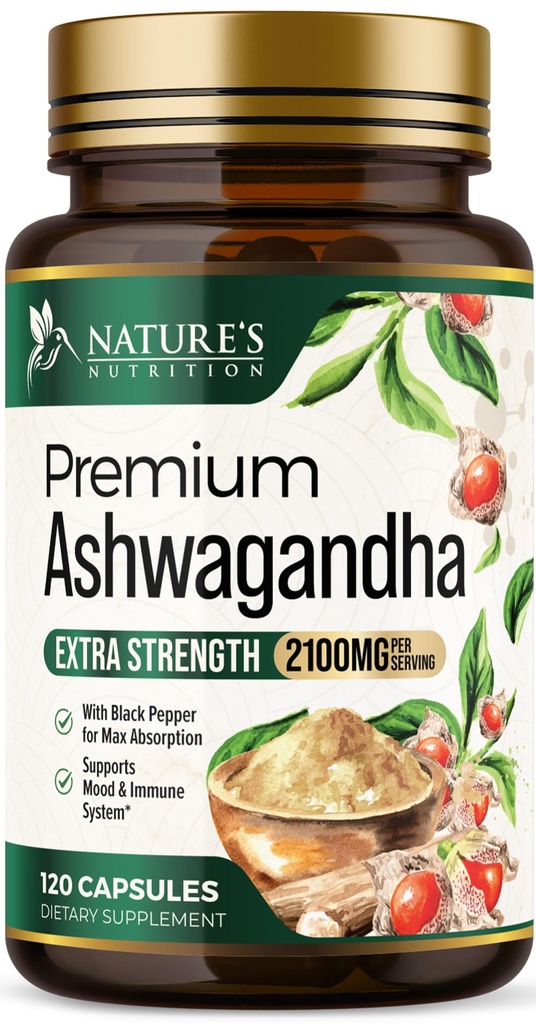 Suplementos de Ashwagandha - 2100mg Cápsula de Ashwagandha para Hombres de Mujeres, Apoyo Antioxidante Natural, Extracto de Ashwa Root, Apoyo a la calma de fuerza extra con Pepper Negro, Vegan &amp; Gluten Gratis - 120 Cápsulas