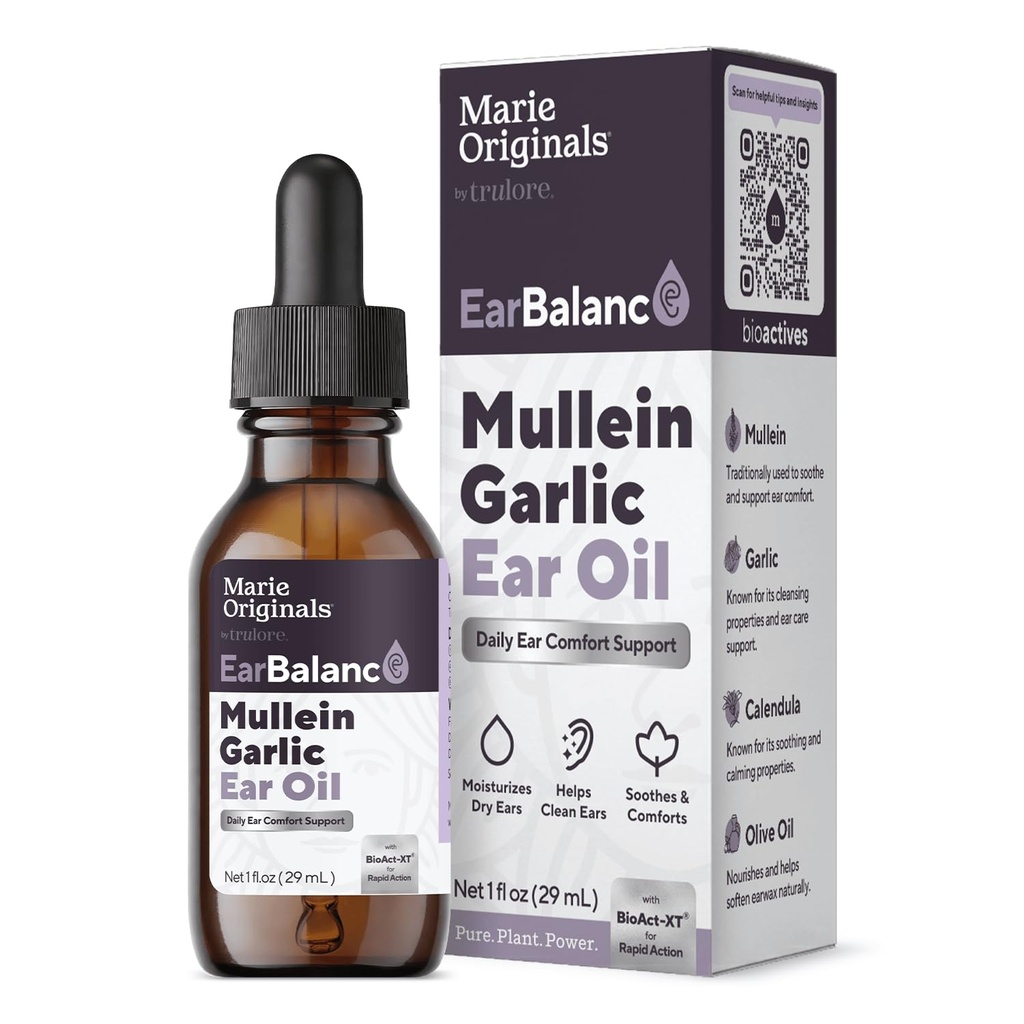 Marie Originals Natural Ear Oil Drops ← Mullein Aceite de ajo gotas para la prevención de la infección, Herbal Ear Ache Drops for Adults, Kids &amp; Pets, Soothes Ear Pain &amp; Wax Removal, Earache Remedies (1 Pack)