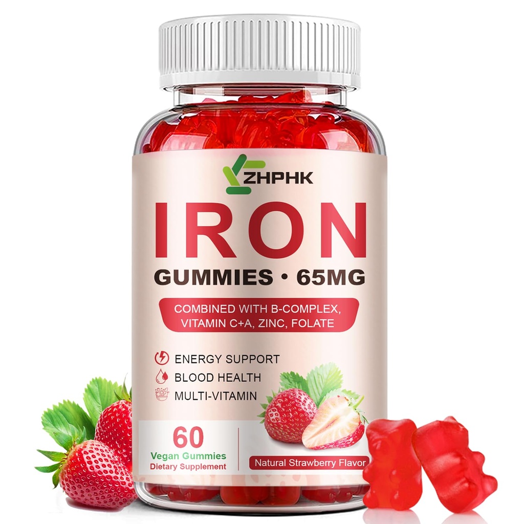 Suplemento de hierro Gummies, 65mg Hierro y 250mg Vitamina C para Mujer Hombre Niños, Natural Vegan Iron Gummy con Vitamina A, B-Complex, Biotina, Zinc &amp; Folate Energy Support &amp; Immune Health, 60 Gummies