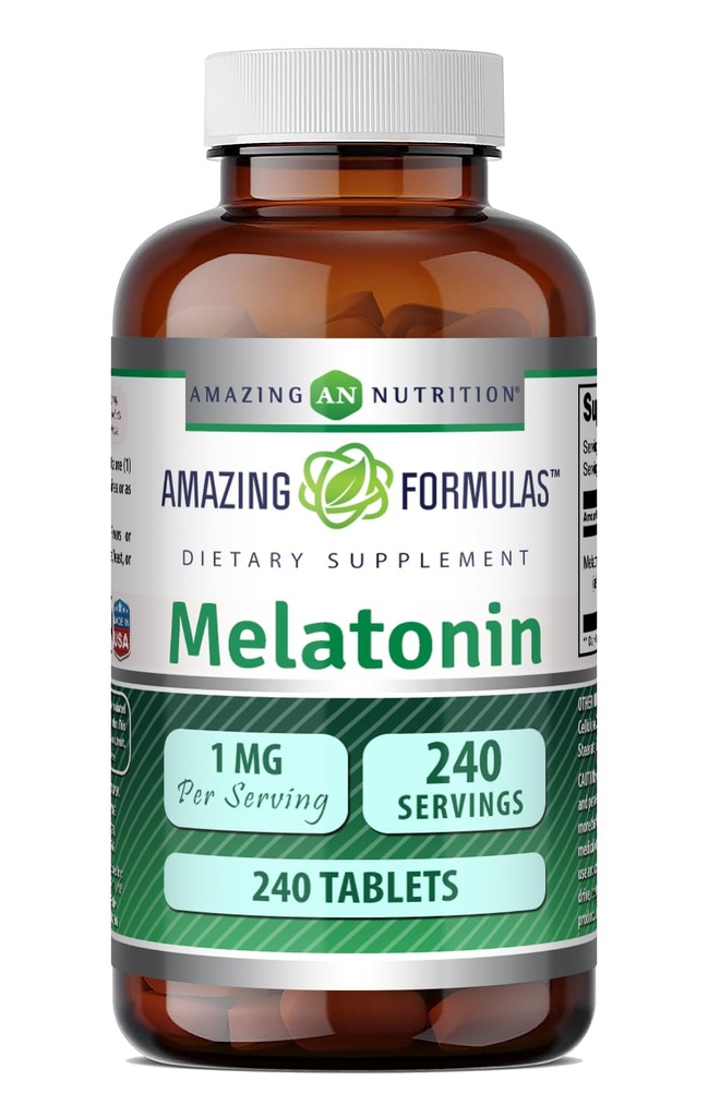 Amazing Formulas Melatonin 1 Mg Tablets (Non GMO,Gluten Free) - La mejor elección del suplemento natural de la ayuda al sueño – promueve el efecto calmante y relajante - 240 Tablets - Apto para vegetariano