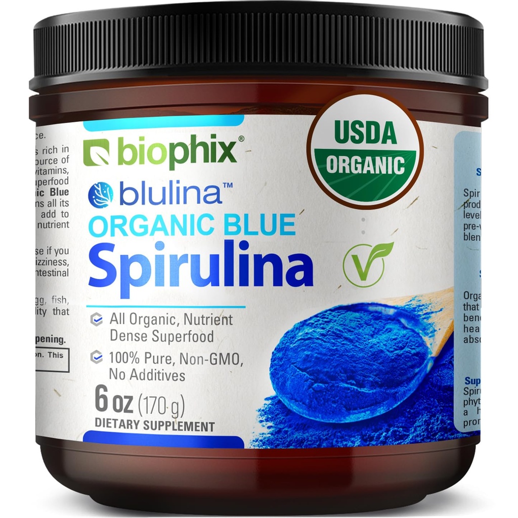 biofix Blue Spirulina Powder Organic Blulina 6 oz - Algae Organic Spirulina Powder 170 Servings - Suplemento Superfood - Natural Blue Pigment - Espirulina en Polvo Organica Pura Azul