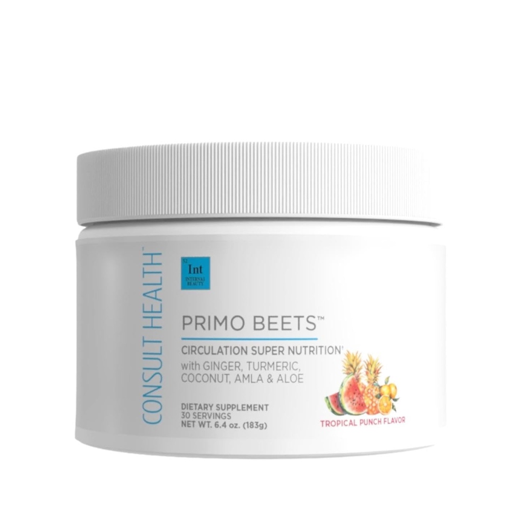Consult Health Primo Beets - Bebida de hoja de remolacha mezcla con electrolitos - Nitratos para apoyar Circulación - Energía de coco - Peligro &amp; Turmérico - Hombres - Tropical Punch Flavor - 30 Servimientos