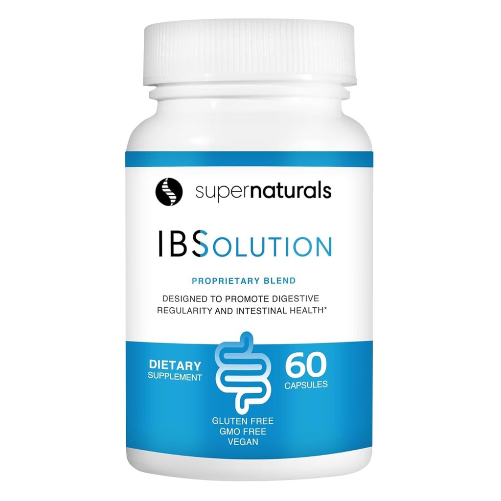 SuperNaturals IBSolution - Hecho en EE.UU., No GMO, Gluten Free &amp; Vegan (60 cápsulas) - Suplemento Digestivo de Salud Gut con Psyllium Husk - Gas, Bloating, Diarrhea, Constipation Relief, Abdominal Pain