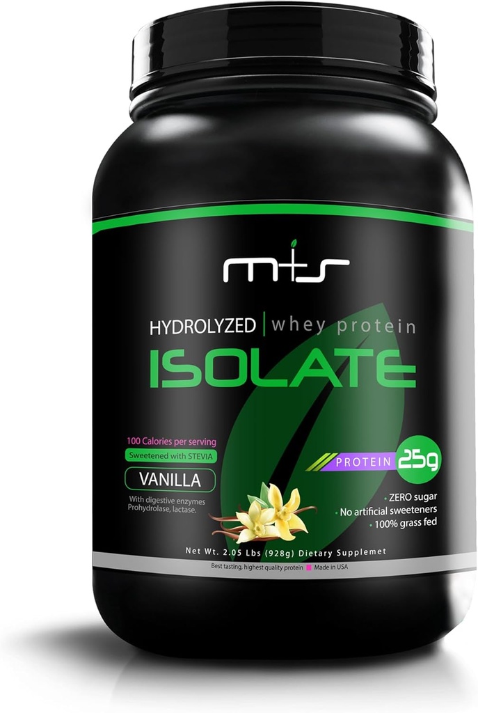 M+S 100% Grass Fed - Hidrolyzed Whey Protein Isolate Powder- Gluten Free, Fast Absorbing, Easy Digesting, Stevia Sweetened (Vanilla, 2,05 Lb)
